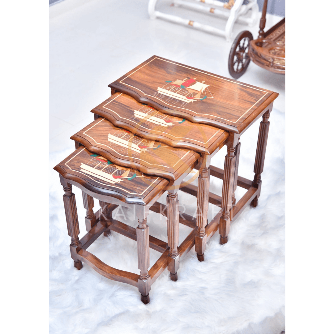 Nord Wooden Captain Ship Inlay Nesting Tables Set of 4