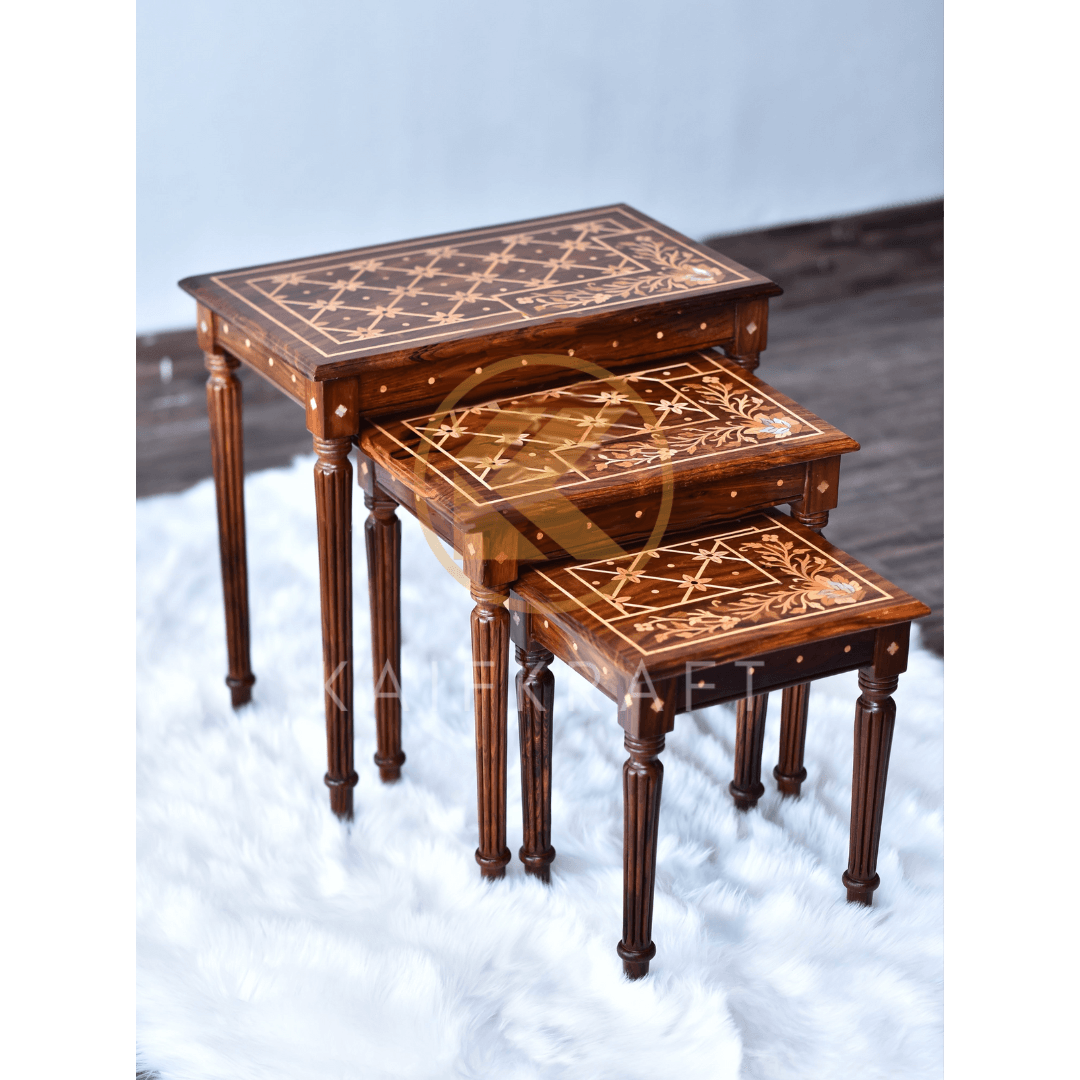 Wooden Petal Pearls Inlay Nesting Table Set Of 3