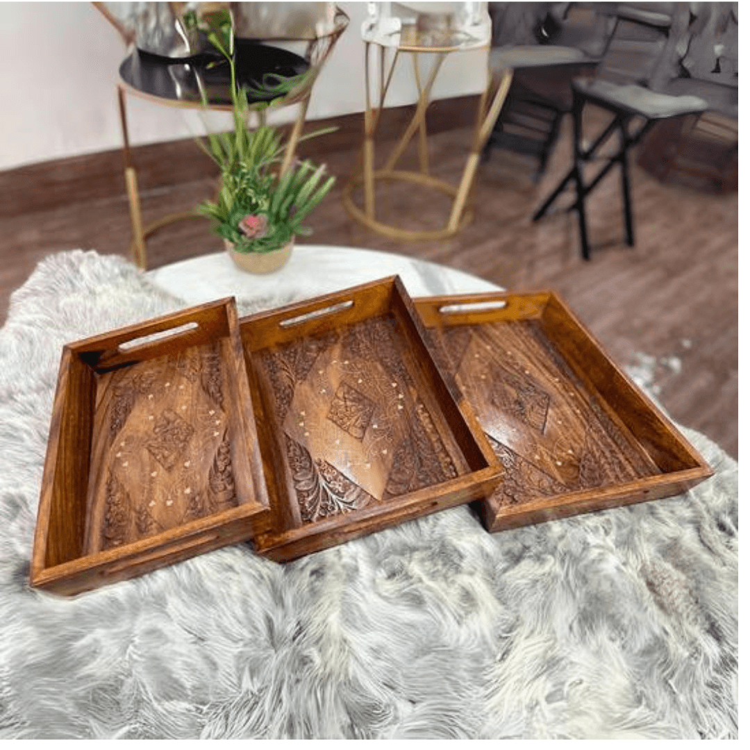 Wooden Brass Serving Tray Set