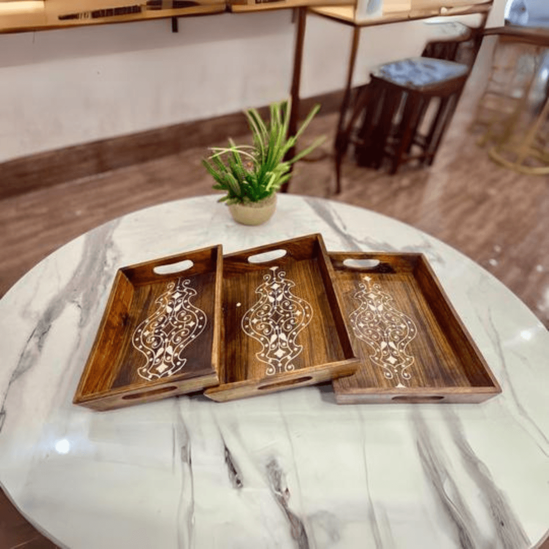 Wooden Floral Inlayed Tray Set