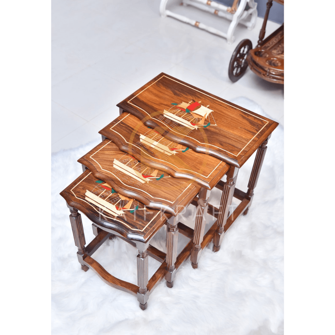 Wooden Captain Ship Inlay Nesting Table Set Of 4